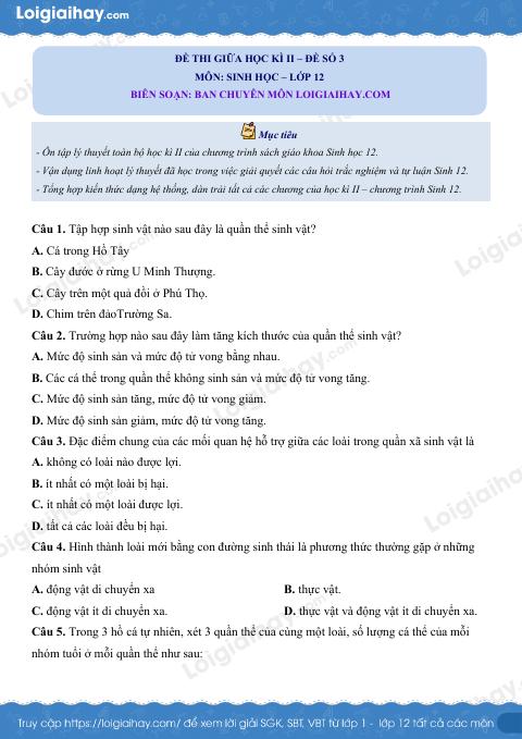 Đề kiểm tra giữa kì 2 Sinh 12 - Đề số 3 có lời giải chi tiết